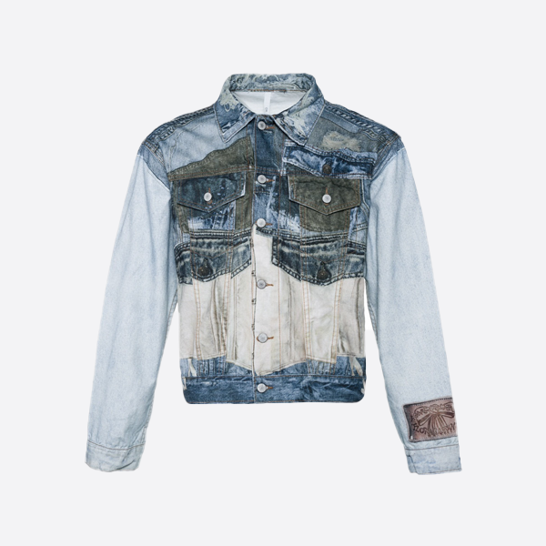 Aikeni 24FW Digital Direct Print 3D Displacement Stitch Single Pure Wash Contrast Color Denim Jacket