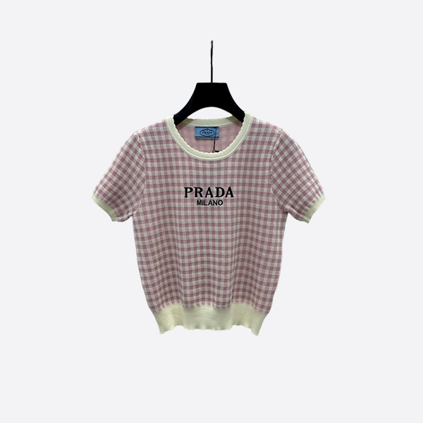 Prada plaid round neck pullover short sleeves pink