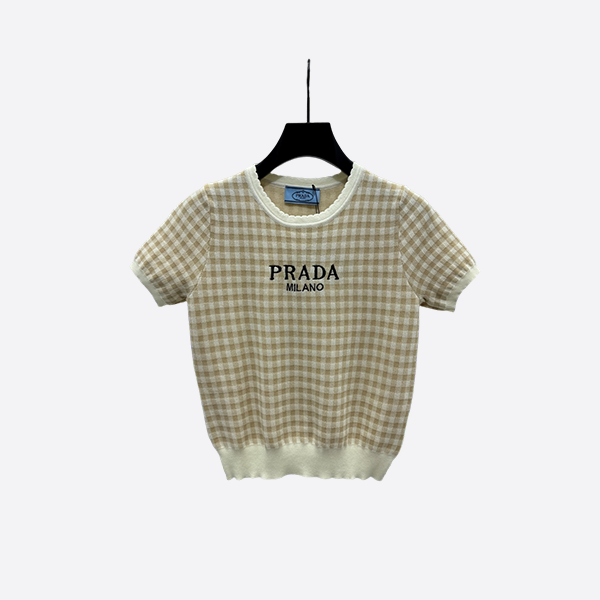 Prada plaid round neck pullover short sleeves yellow