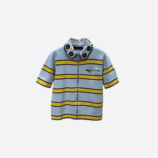 Louis Vuitton English Embroidery, zippered collar, chest stripe knitted short-sleeved shirt