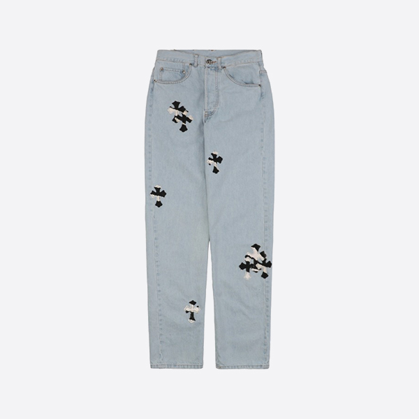 Chrome Hearts Cross Denim Pants Light Blue Cow pattern