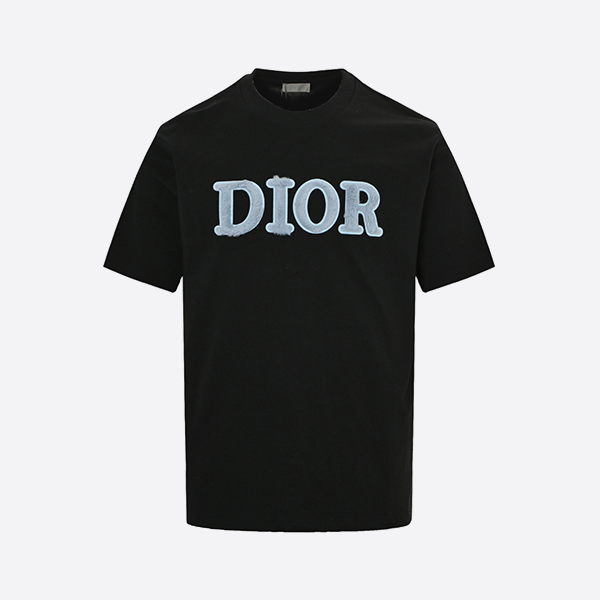 Dior 25ss blue flocked letter embroidered short sleeve