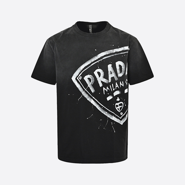 Prada gradient washed hand-painted letters round neck short sleeves