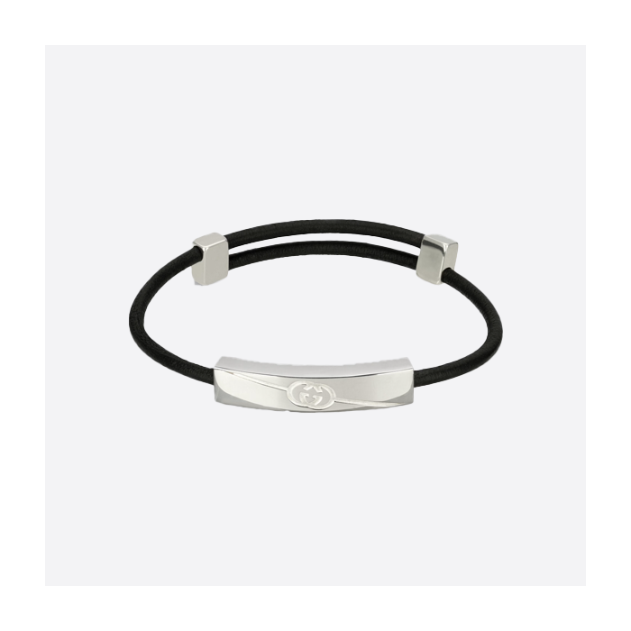 Gucci 925 sterling silver twill interlocking leather cord bracelet 774464 JAAFW 8163