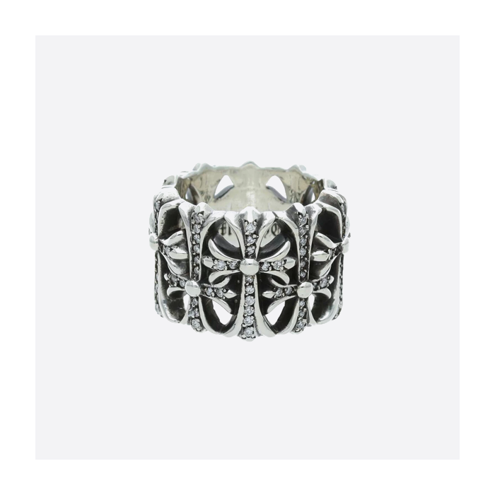 Chrome Hearts S925 Sterling Silver Diamond Round Tomb Ring 15160-241003-0137